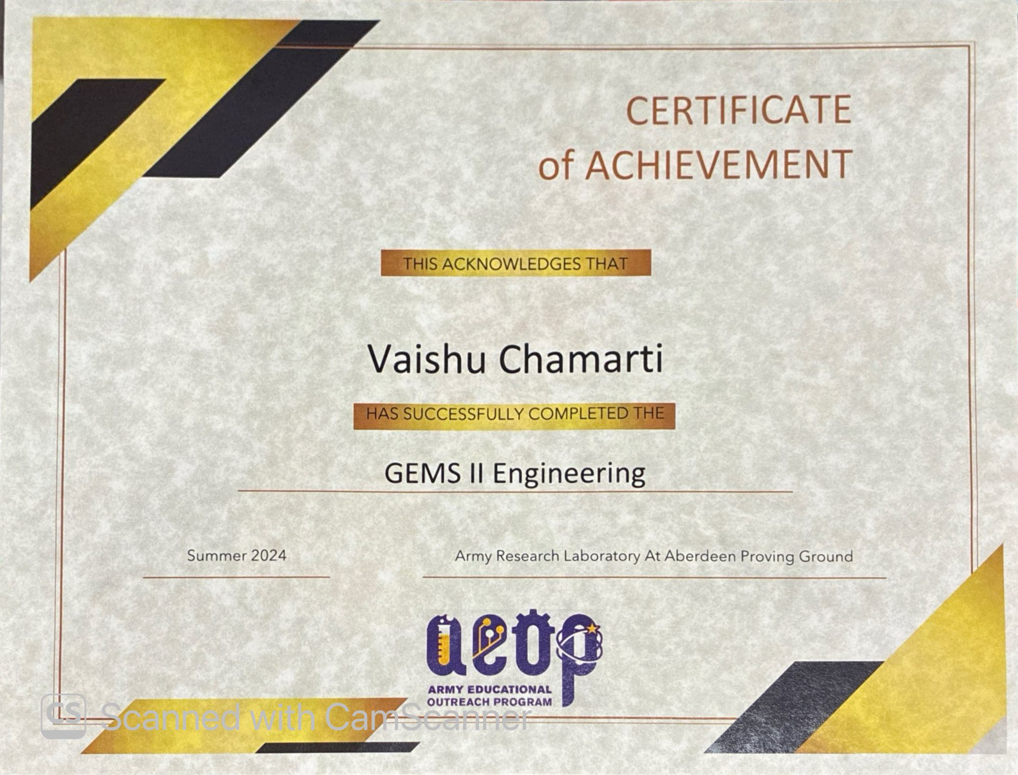 GEMS II Engineering Certificate of Achievement
